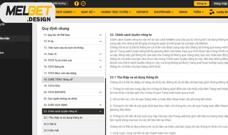 Điều khoản sử dụng Melbet về bảo mật và quyền riêng tư
